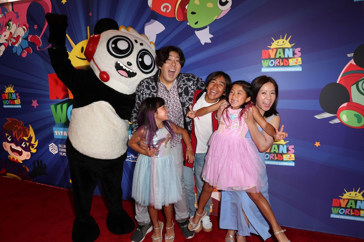 Ryan’s World family with Loann Kaji, Shion Kaji, Emma & Kate Kaji, and Combo Panda at the LA Premiere of Ryan’s World The Movie: Titan Universe Adventure on August 10, 2024